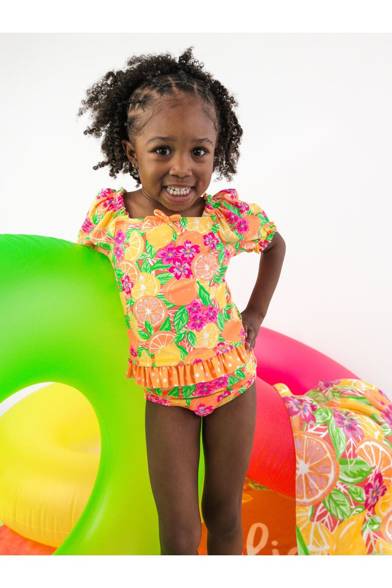 UPF50+ Puff Sleeve Ruffle Tankini 2-Piece Swimsuit, Alternate, color, Neon Squeeze the Day
