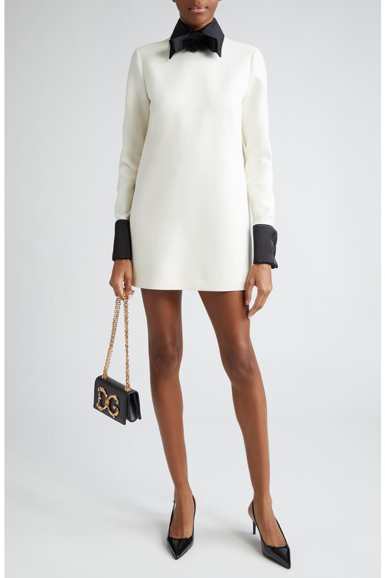 Contrast Trim Long Sleeve Wool Blend Shift Dress, Main, color, W0001 BIANCO NATURALE