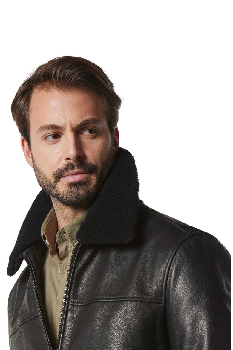 Truxton Genuine Shearling Trim Leather Jacket, Alternate, color, BLACK