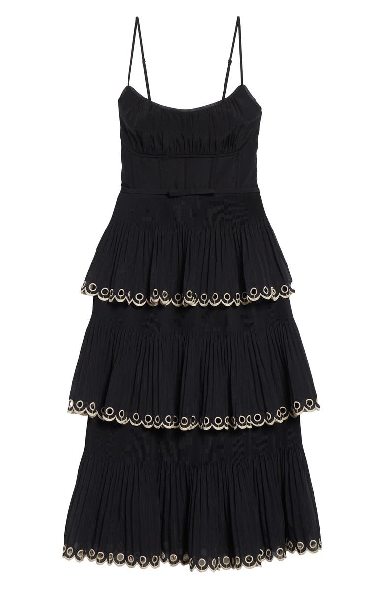 Zimmermann Scalloped Eyelet Trim Tiered Midi Dress, Alternate, color, Black