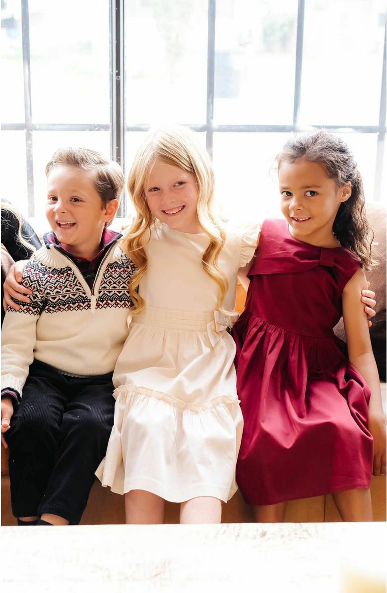 Hope & Henry Girls' Organic Asymmetrical Bow Party Dress, Toddler, Alternate, color, Oxblood Sateen