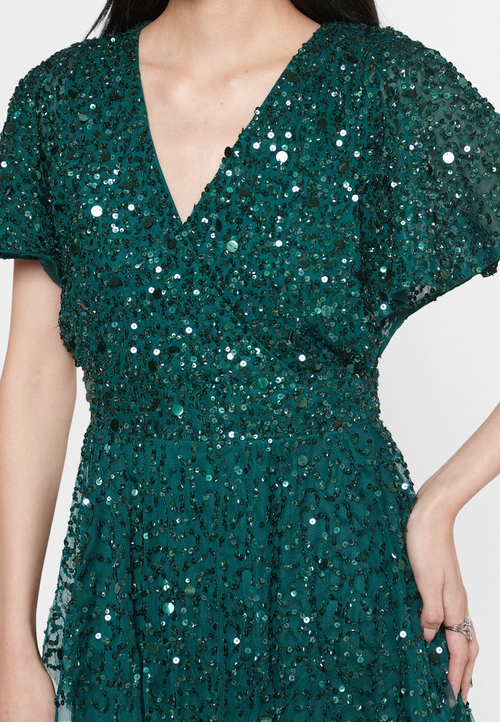 Beauut Embellished Sequin Beaded Wrap Neck With Short Sleeves Maxi Dress In Emerald Green