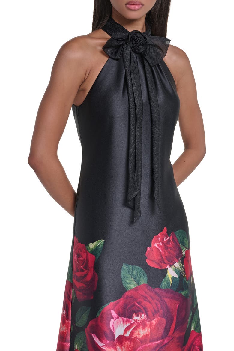 Floral Print Charmeuse Halter Cocktail Dress, Alternate, color, BLACK MULTI