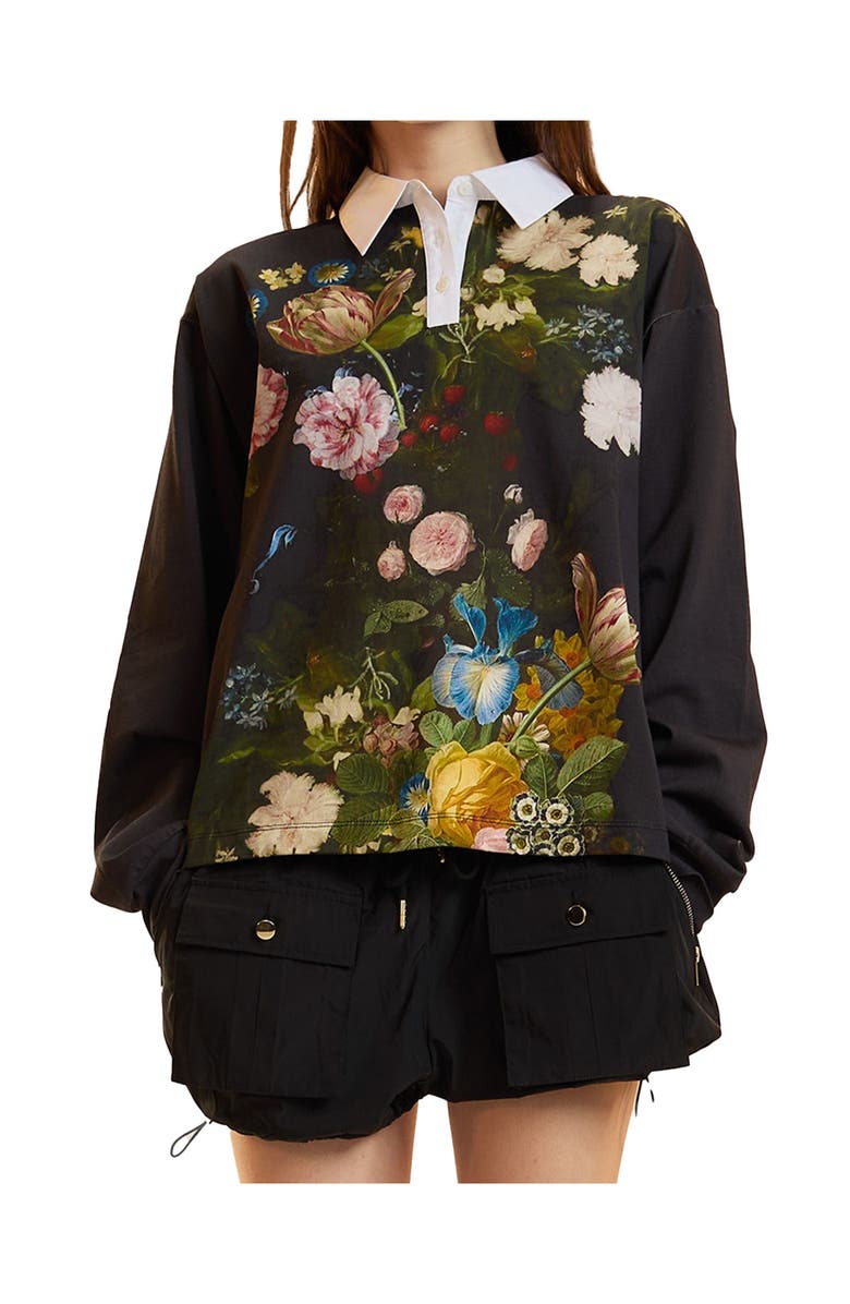 Cynthia Rowley Printed Cotton Rugby Shirt, Alternate, color, Black Bouquet