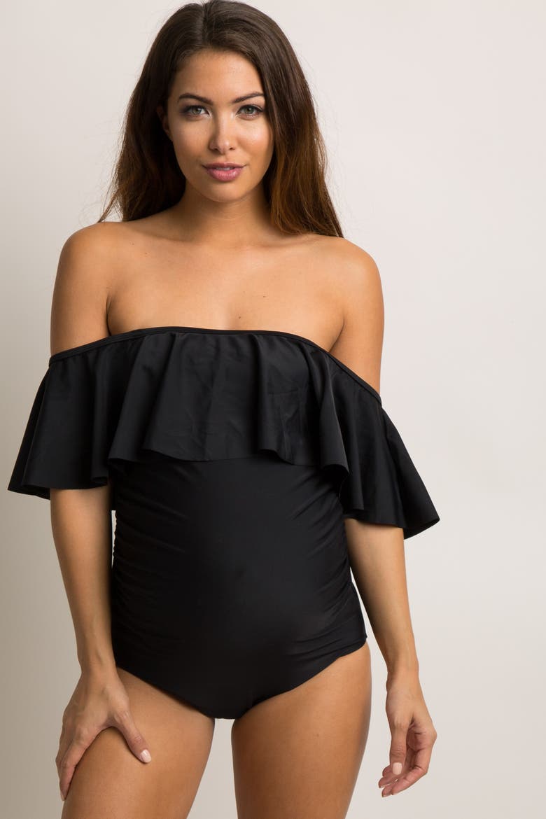 Ruffle Trim Ruched One-Piece Maternity Swimsuit, Alternate, color, Black