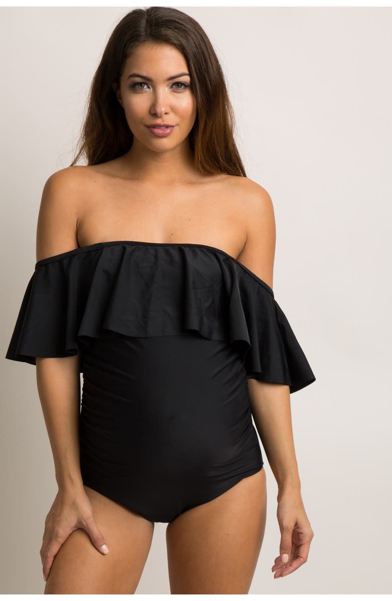 PinkBlush Ruffle Trim Ruched One-Piece Maternity Swimsuit, Alternate, color, Black