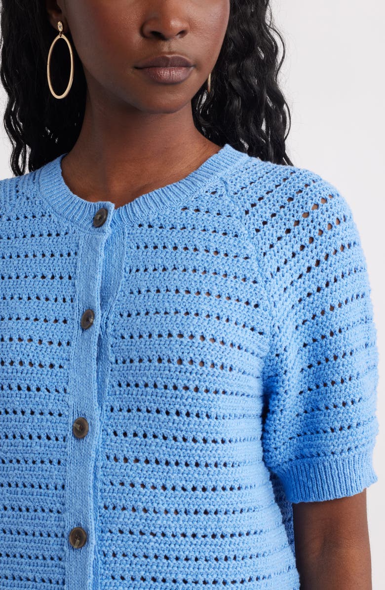 Treasure & Bond Open Stitch Short Sleeve Cotton Cardigan, Alternate, color, Blue Provence