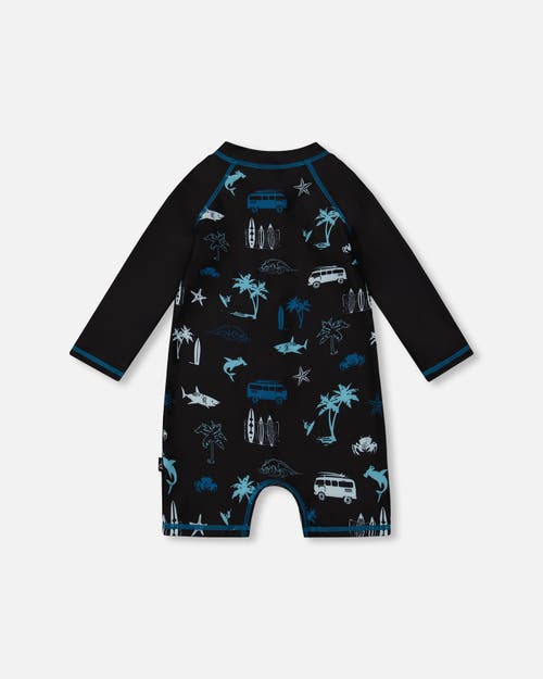 DEUX PAR DEUX DEUX PAR DEUX LITTLE BOY'S PRINTED LONG SLEEVE RASHGUARD LIGHT BLUE BEACH ON BLACK 