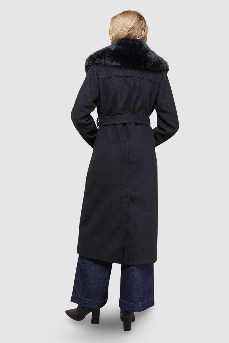 Faux Fur Collar Belted Coat, Alternate, color, Black