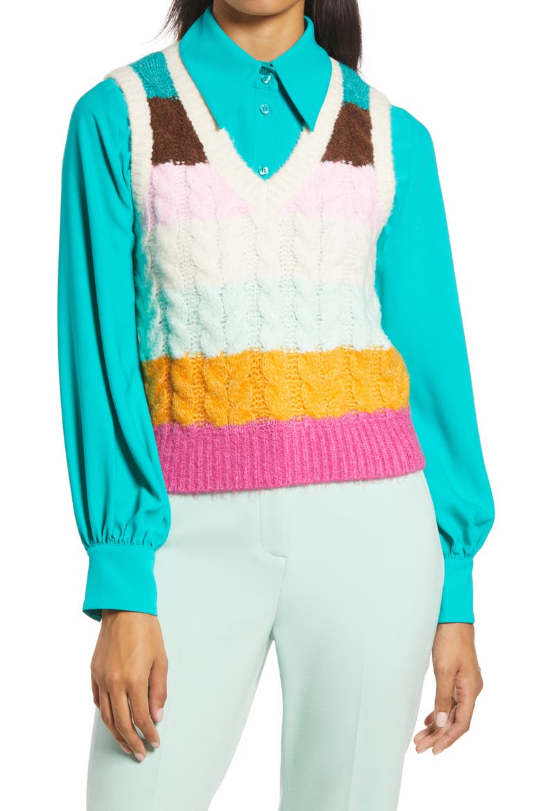 x Atlantic-Pacific Stripe Cable Knit Sweater Vest, Main, color, TEAL MULTI MELLIE PLACE STRIPE