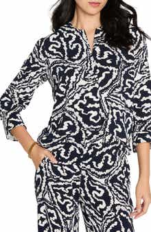 NIC+ZOE Indigo Leaf Double Crepe Button-Up Shirt