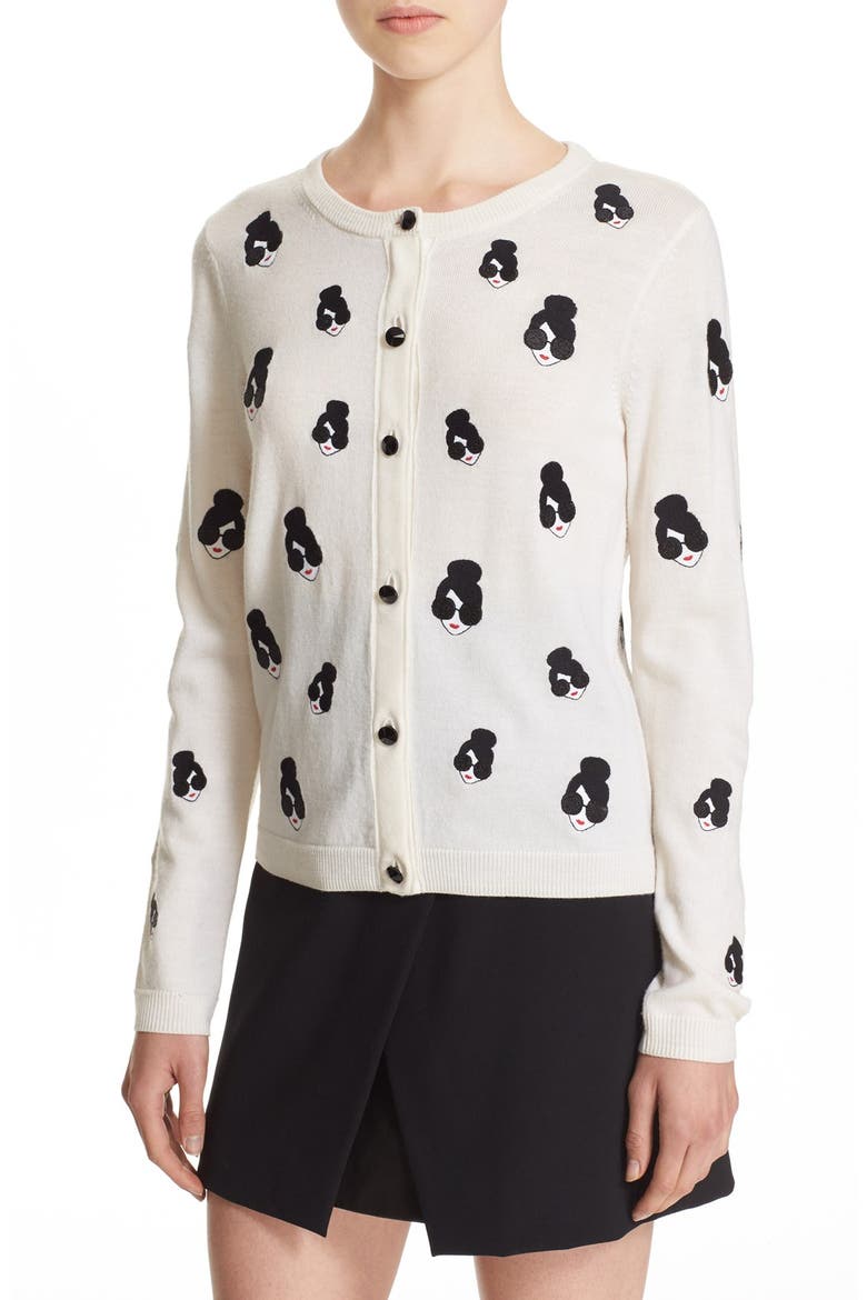 'Stacey Emoji' Embroidered Wool Cardigan, Alternate, color, OFF WHITE/ MULTI