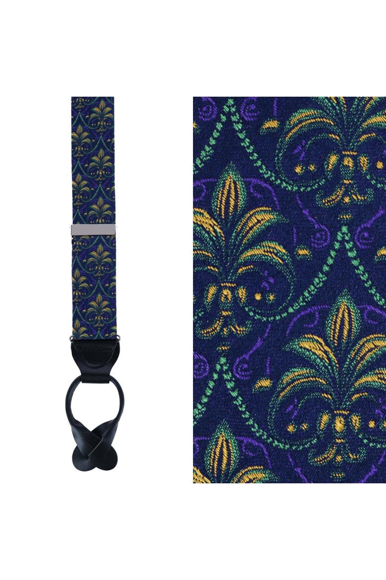 The French Quarter Fleur-de-Lis Silk Novelty Button End Suspenders, Main, color, Purple, Yellow, and Green