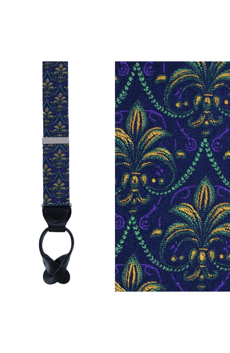 Trafalgar The French Quarter Fleur-de-Lis Silk Novelty Button End Suspenders, Main, color, Purple, Yellow, And Green