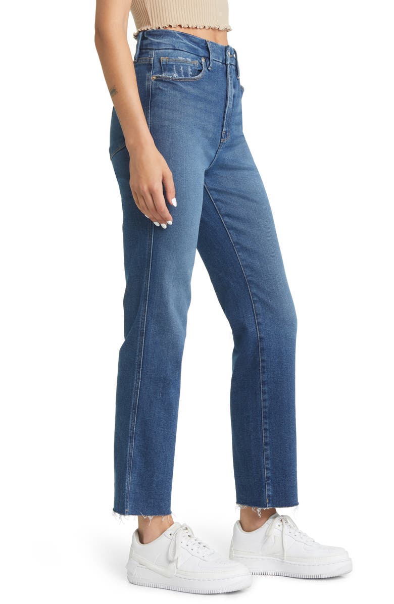 Good American Good Curve Distressed Raw Hem Straight Leg Jeans, Alternate, color,