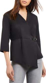 Misook Asymmetric Belted Wrap Blouse