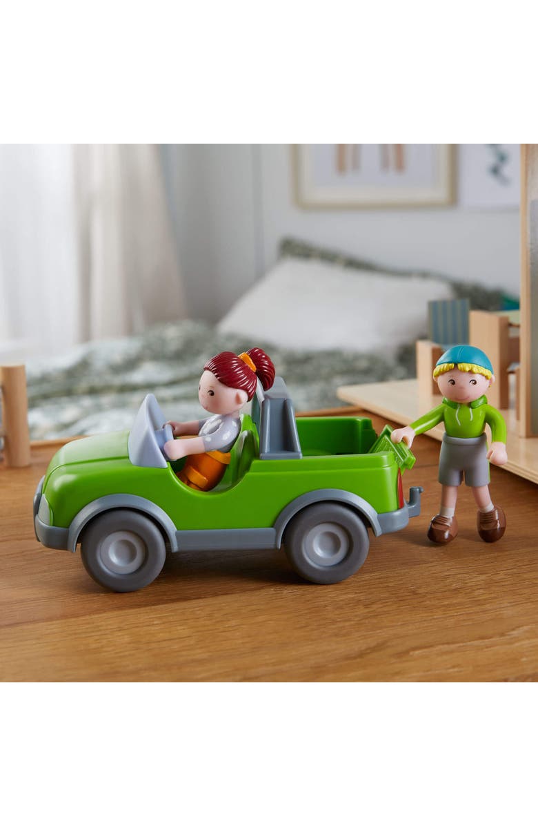HABA Little Friends Out and About Playset with 2 Toy Figures and Green Momentum Motor Vehicle, Alternate, color, Multi