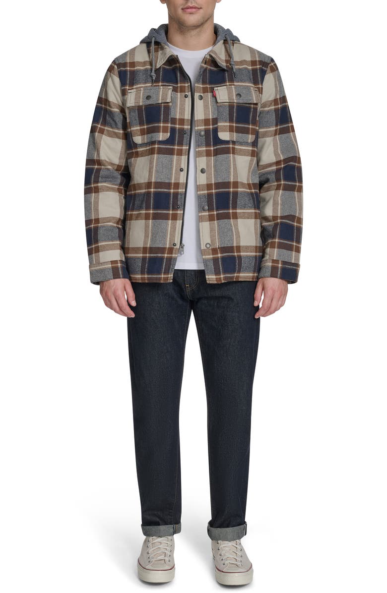Levi's Plaid Faux Shearling Lined Jersey Hood Shirt Jacket, Alternate, color, British Tan