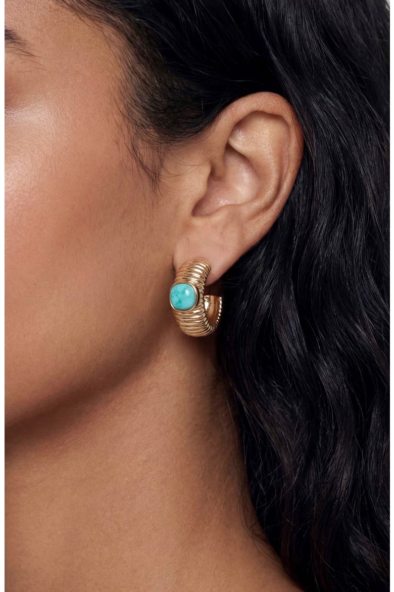Semiprecious Stone Hoop Earrings, Alternate, color, TURQUOISE/ GOLD
