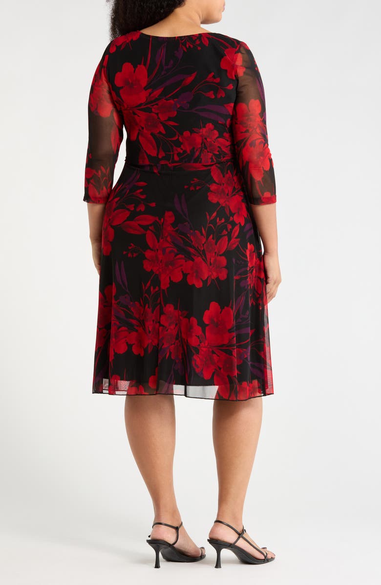 Connected Apparel Floral Long Sleeve Mesh Midi Dress, Alternate, color, Ruby