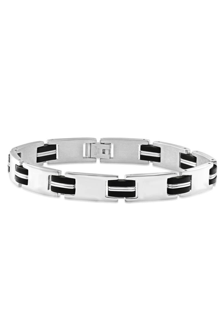Men's Steel And Black Two Tone, Two striped 10mm Link  8.5 " Bracelet, Main, color, Stainless Steel