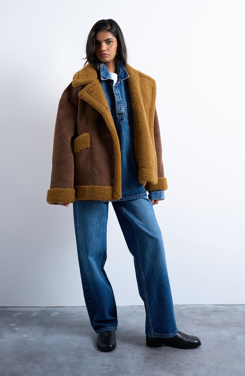 Topshop Oversize Faux Shearling Car Coat, Alternate, color, Brown