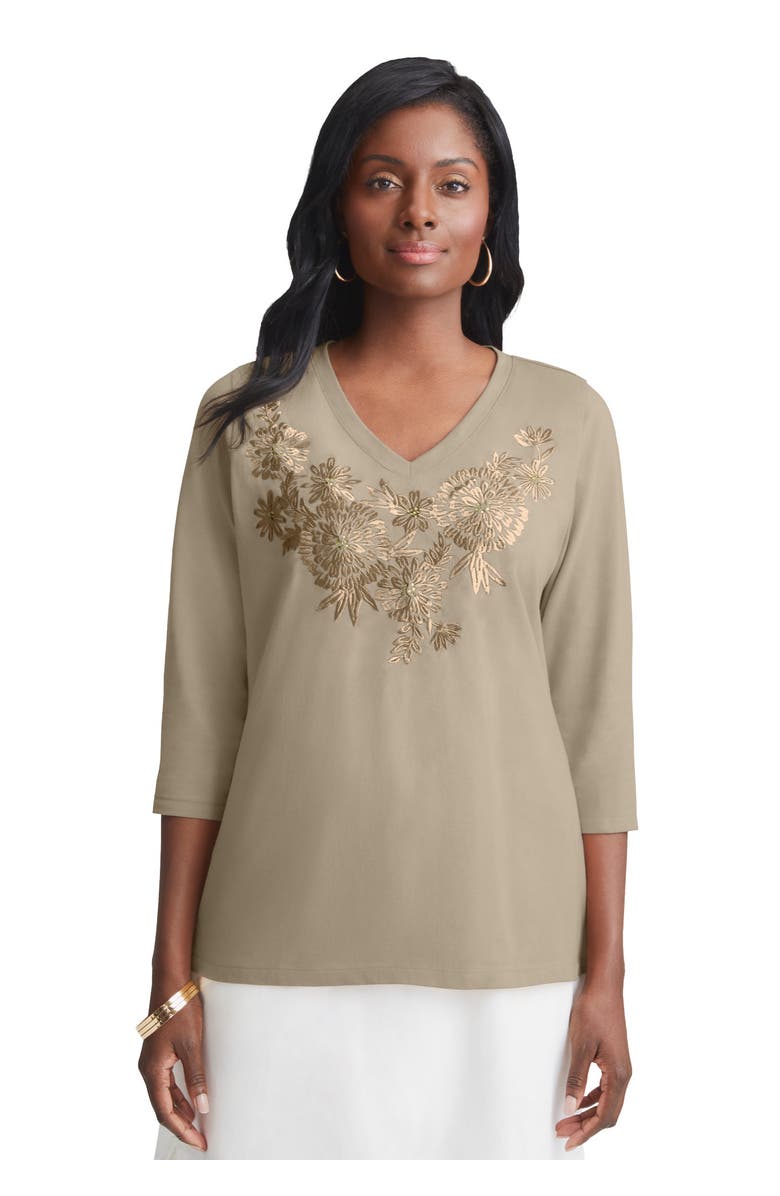 Jessica London Stretch Cotton Embroidered Tee, Main, color, Khaki Floral Embroidery