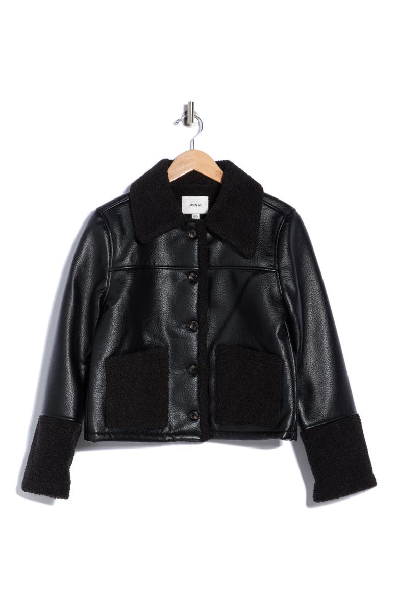 Faux Leather Jacket with Faux Fur Trim, Alternate, color, BLACK