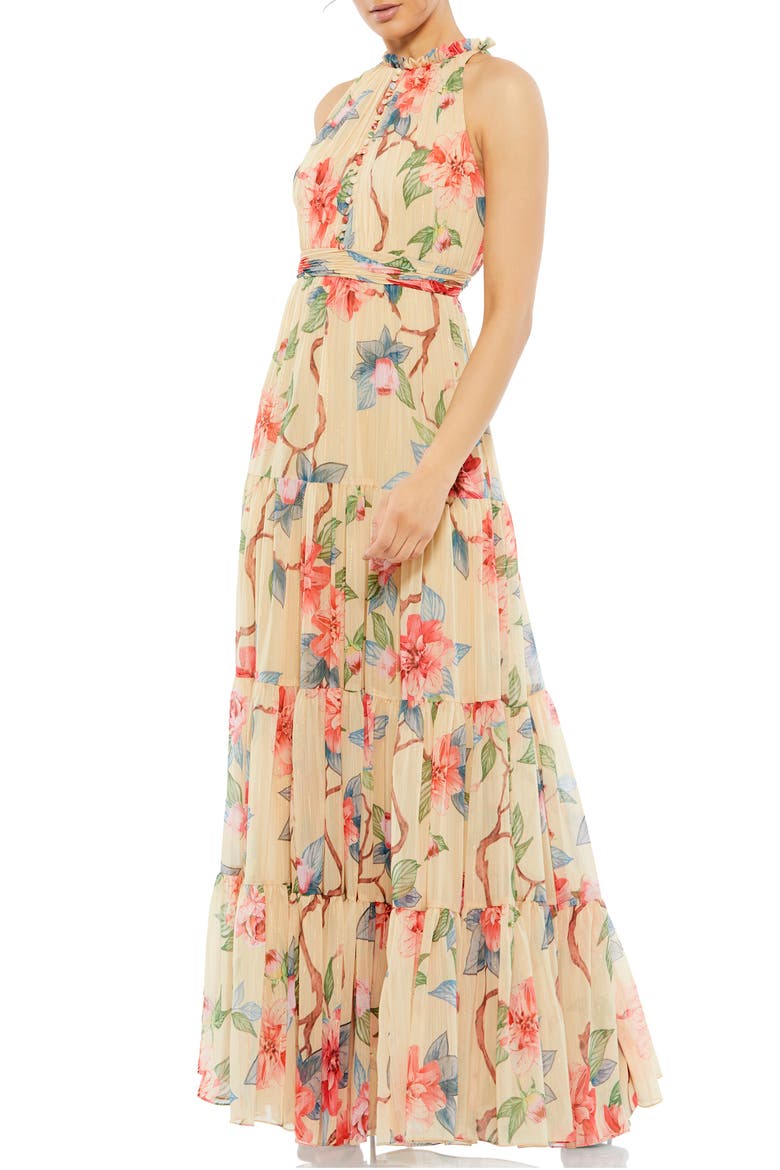 High Neck Pleated Floral A-Line Gown, Main, color, NUDE MULTI