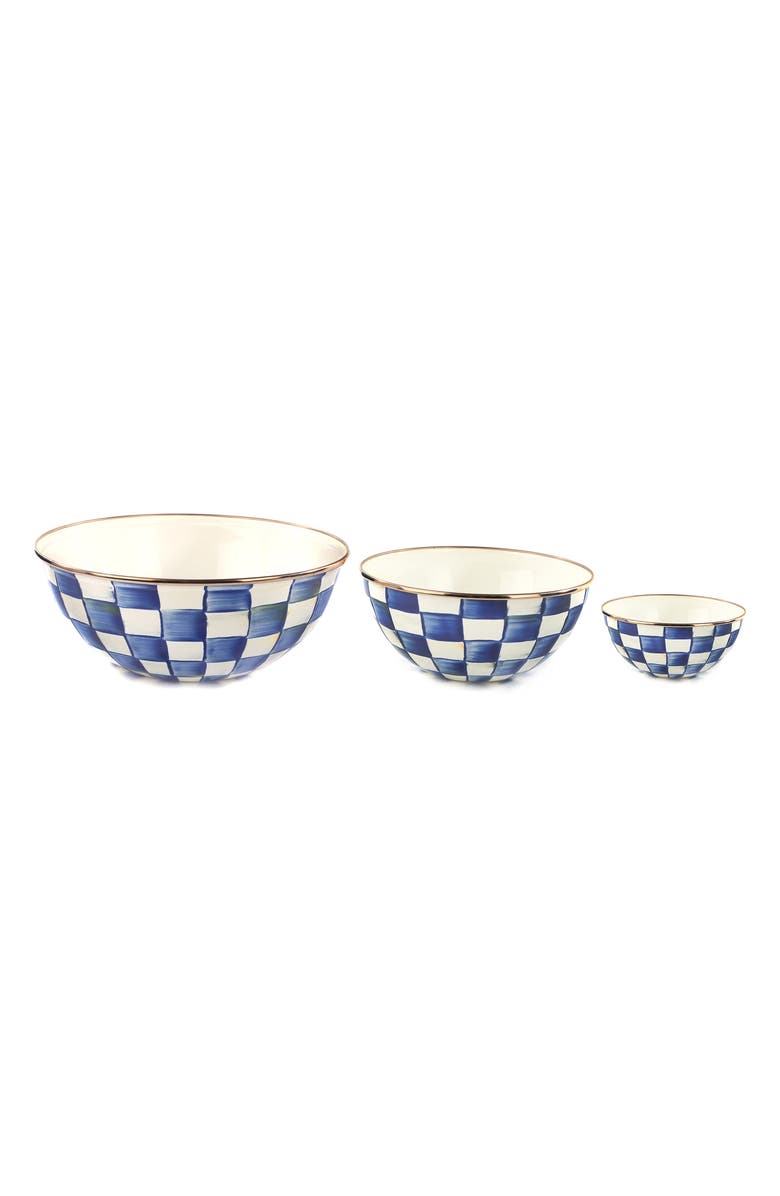 MACKENZIE CHILDS Royal Check Set of 3 Enameled Steel Bowls, Main, color, Blue/ White