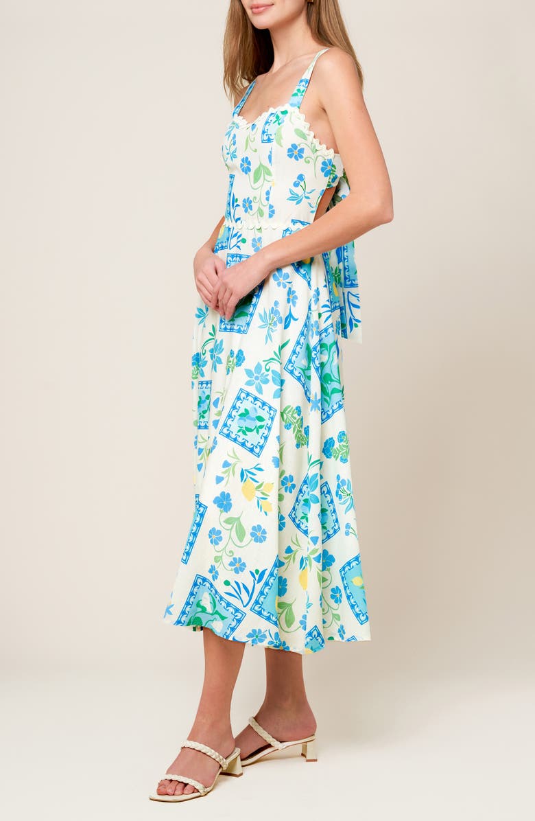 FLYING TOMATO Floral Tie Back Fit & Flare Midi Dress, Alternate, color, Ivory Blue