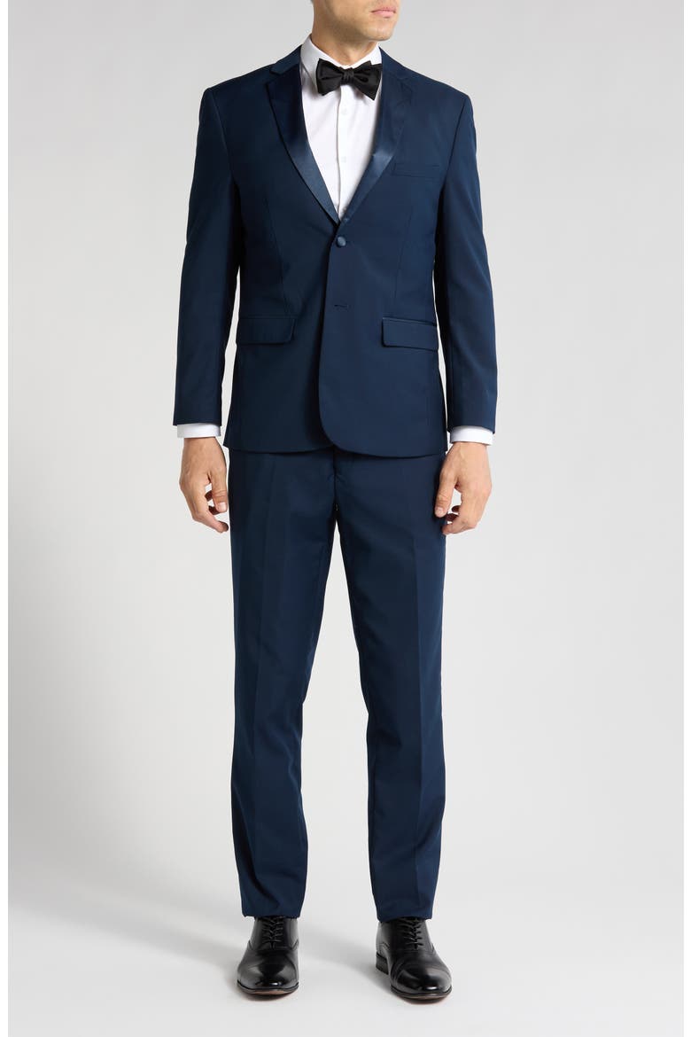 Satin Notch Lapel Stretch Tuxedo Suit, Main, color, NAVY