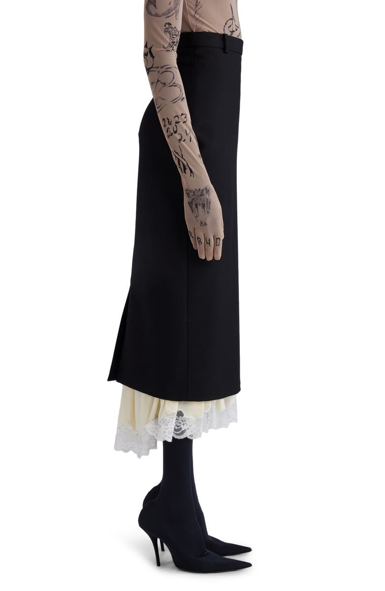 Balenciaga Lingerie Lace Wool Gabardine & Jersey Midi Skirt, Alternate, color,