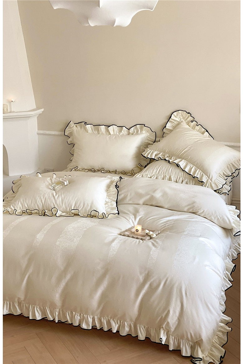 Silky Ruffle Bedding Set, Alternate, color, Ivory White, Flat