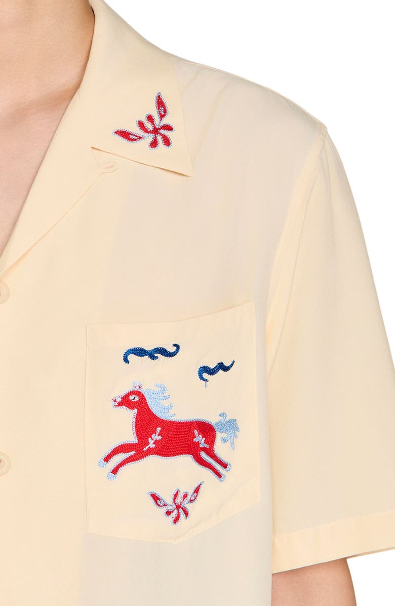 SANDRO Embroidered horse loose-fit shirt, Alternate, color, Butter Cream