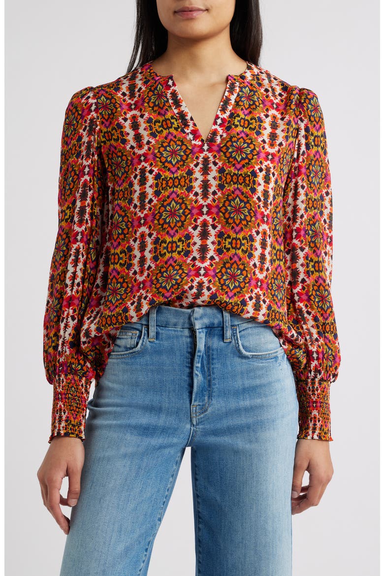 Batik Print Split Neck Top, Main, color, RED MULTI