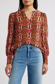 APNY Batik Print Split Neck Top