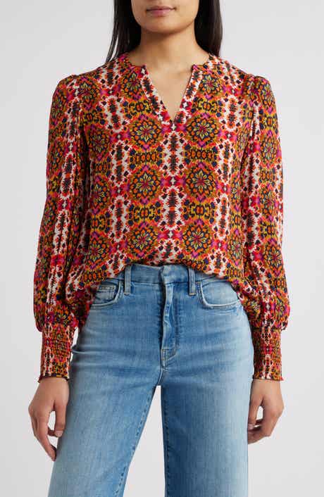 APNY Batik Print Split Neck Top
