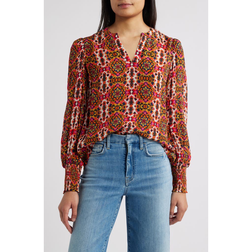 Apny Batik Print Split Neck Top In Red Multi