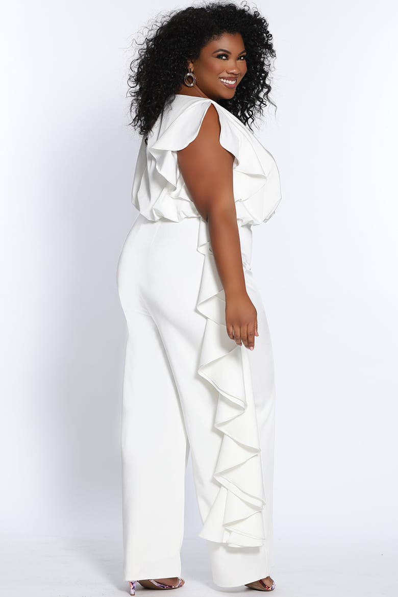 Plus Size Crepe Ruffle Jumpsuit, Alternate, color, Ivory