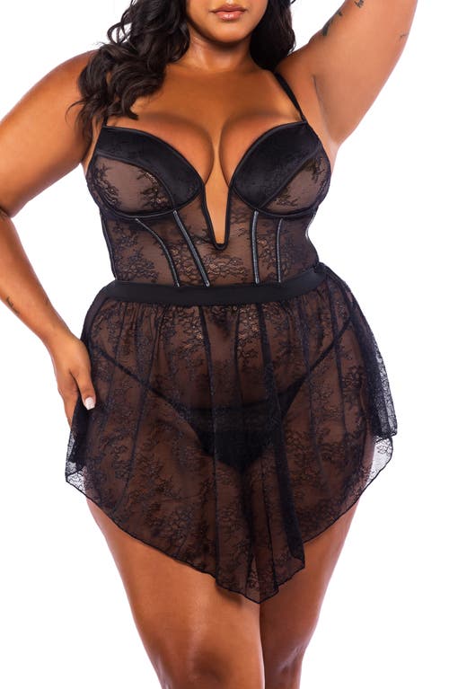 Roma Confidential Belle Noir Babydoll Chemise & Thong Set In Black