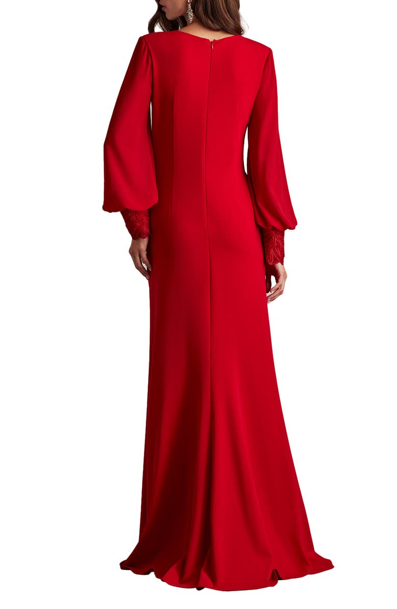Tadashi Shoji Floral Detail Long Sleeve Crepe Chiffon Gown, Alternate, color, Cranberry