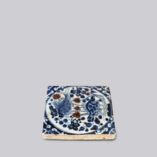 Cobalt Guild Hand Painted Porcelain Blue And Red Fish And Lotus Tile In Blue