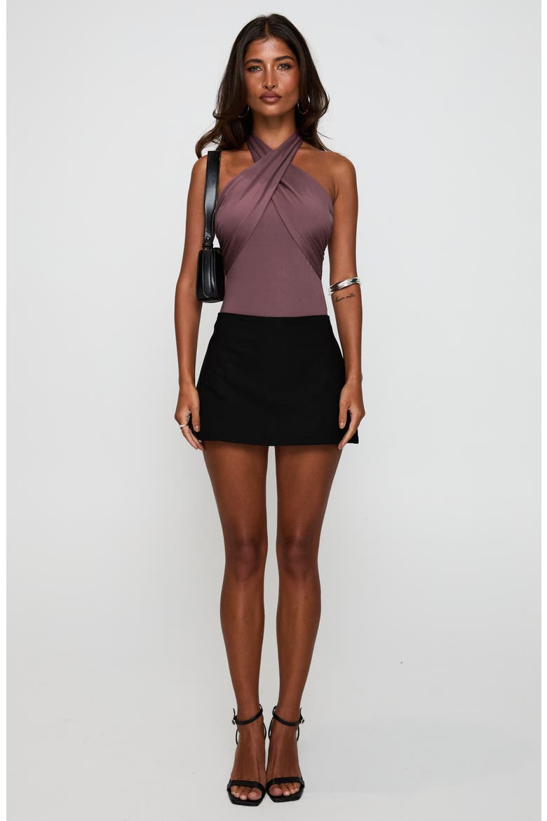 Shoot A Shot Wrap Halter Bodysuit, Alternate, color, PLUM