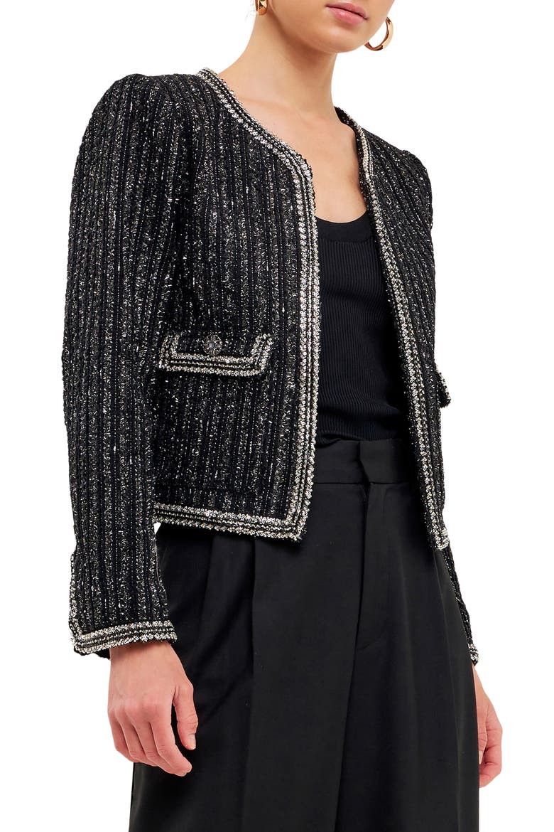 Premium Sequin Tweed Jacket, Alternate, color, BLACK
