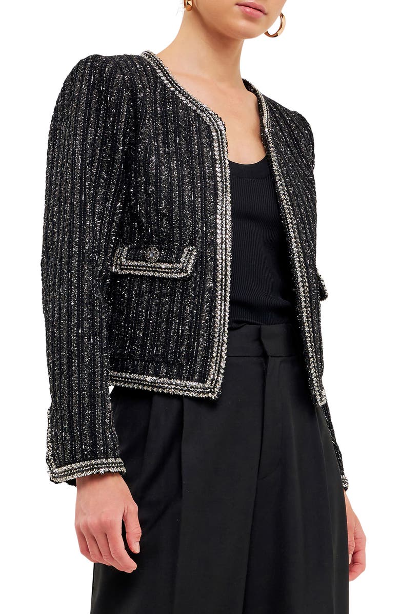 Endless Rose Premium Sequin Tweed Jacket, Alternate, color, Black