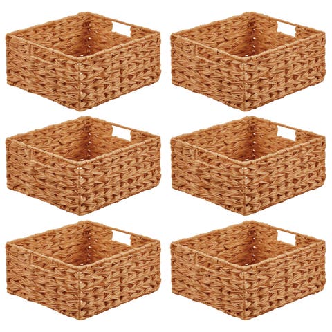 Woven Farmhouse Kitchen Pantry Food Storage Basket Box - Container Organization for Cabinets, Cupboards, Shelves, Countertops - Store Potatoes, Onions, Fruit, 6 Pack, Camel Brown