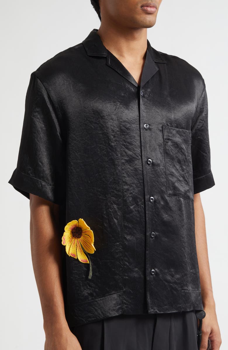 SONG FOR THE MUTE Boxy Embellished Flower Camp Shirt, Alternate, color, Black