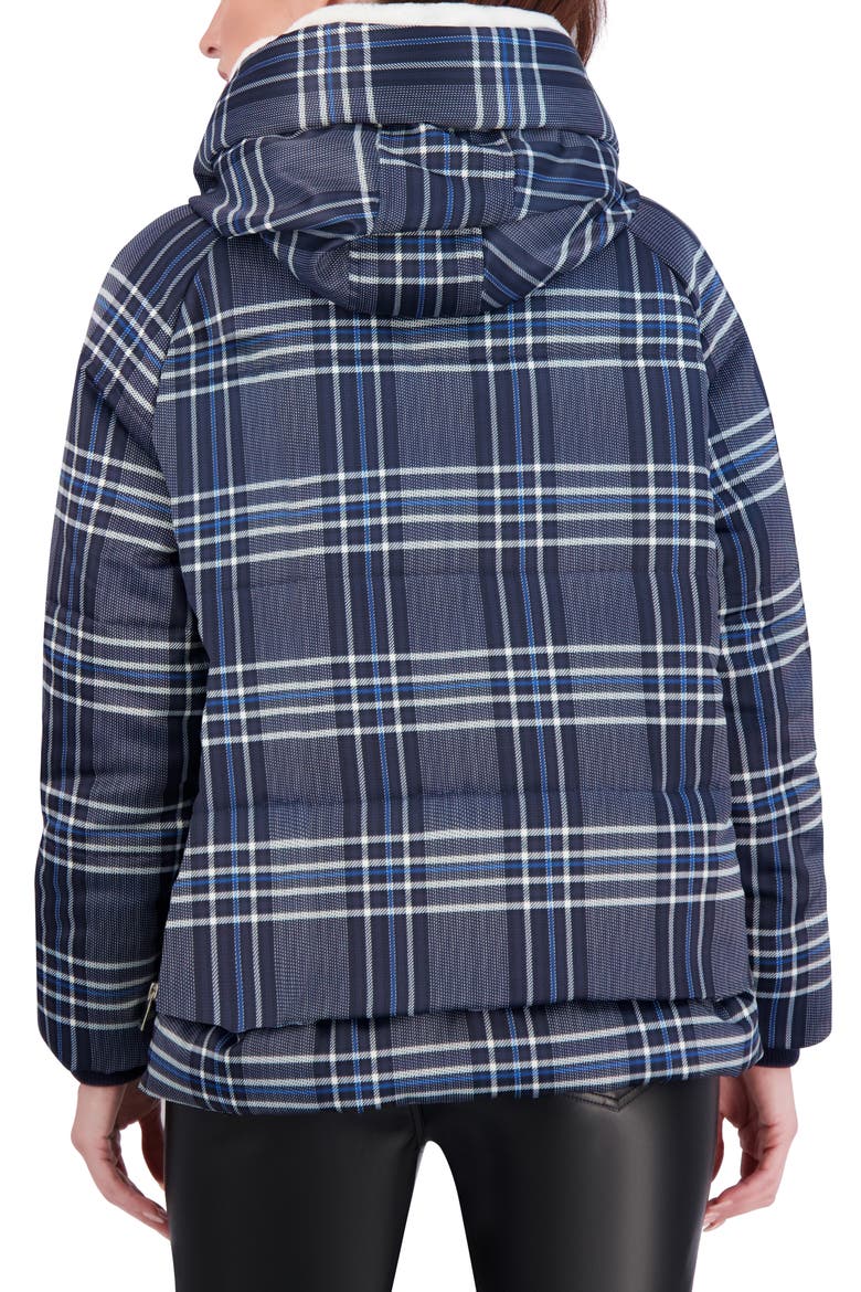 Plaid Faux Fur Lined Utility Crop Puffer Hooded Jacket, Alternate, color, NAVY PLAID