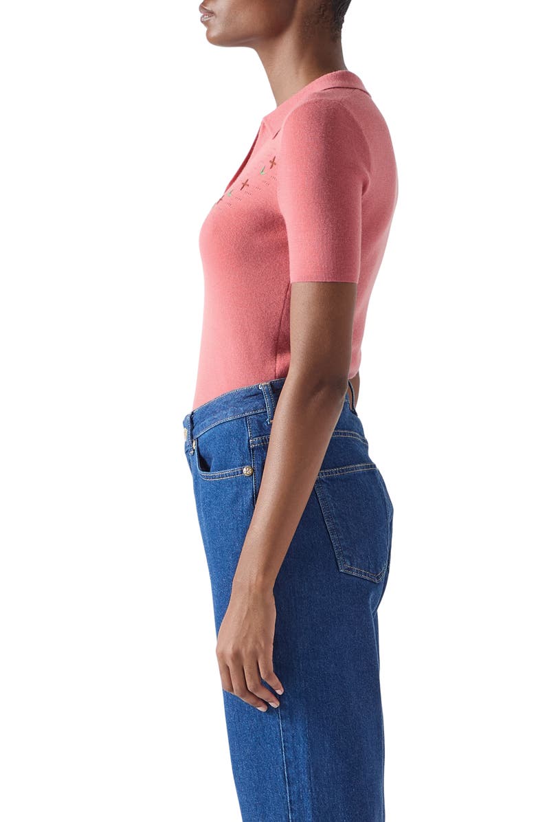 LK Bennett Fiona Embroidered Pointelle Cotton & Wool Polo Sweater, Alternate, color, 